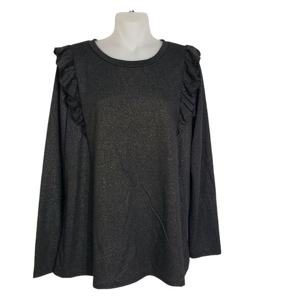 Flamingo Urban Womens Top Size Large Ruffles Black Shimmer Pullover Long Sleeve - Picture 1 of 7